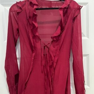 Sheer Burgundy Long Sleeve Slit Dress
